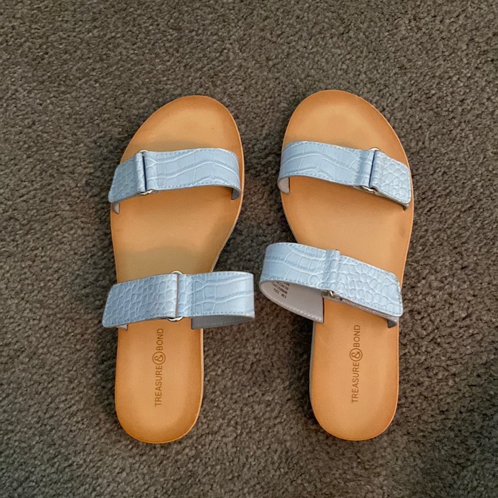 Treasure & Bond sandals, tan and light blue